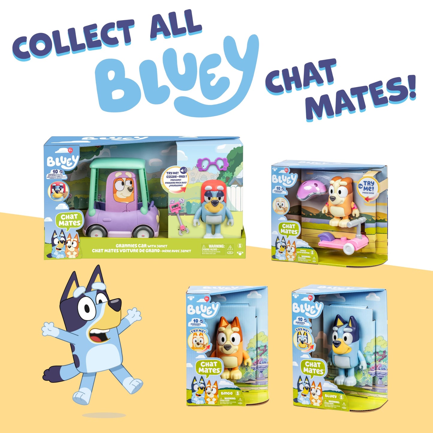 Bluey Talking Toy Chat Mates Playset, Articulated, Talking Kids Toy with 10 Iconic Phrases, Interactive Play Toys Figures Set for Kids, Ages 3+